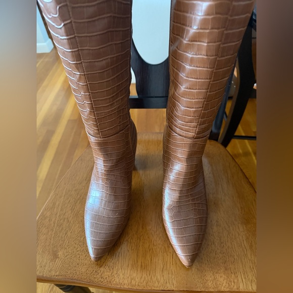 Brown Croc-Embossed Knee-High Boots - Picture 2 of 10